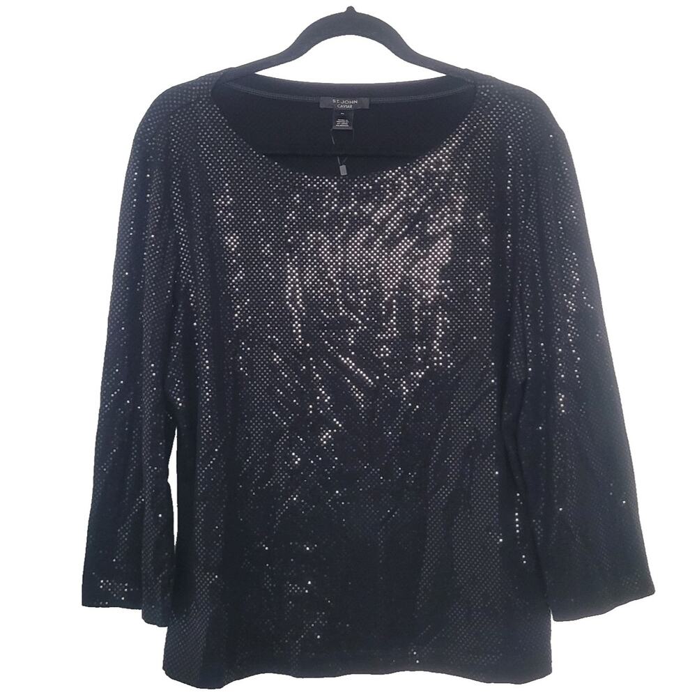 St. John Caviar Sequin 3/4 Sleeve Scoop Neck Top Size XL Black Holiday Event